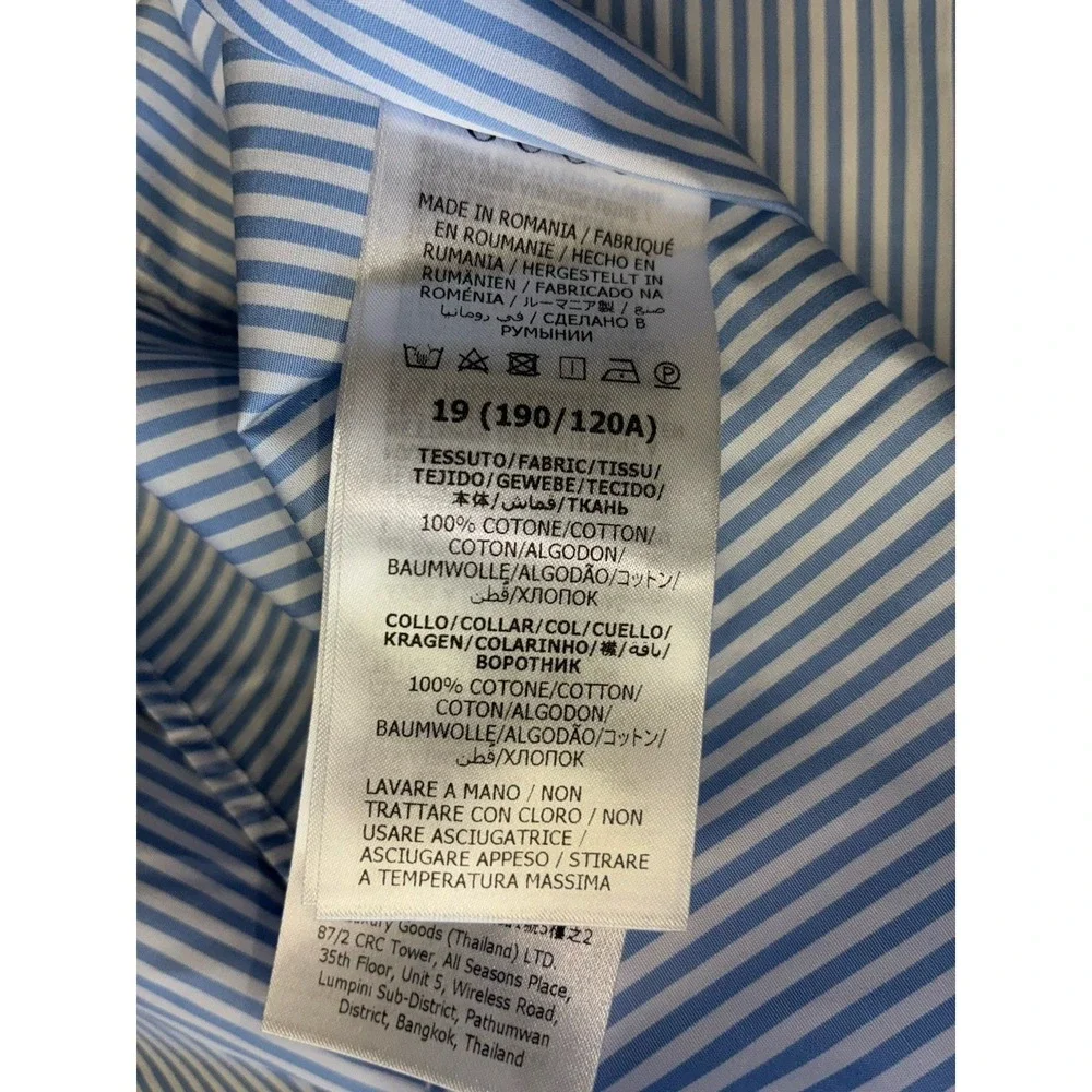 Gucci Shirt Men's 19 48 Blue Striped White Collar Poplin Button Up Uniform NEW